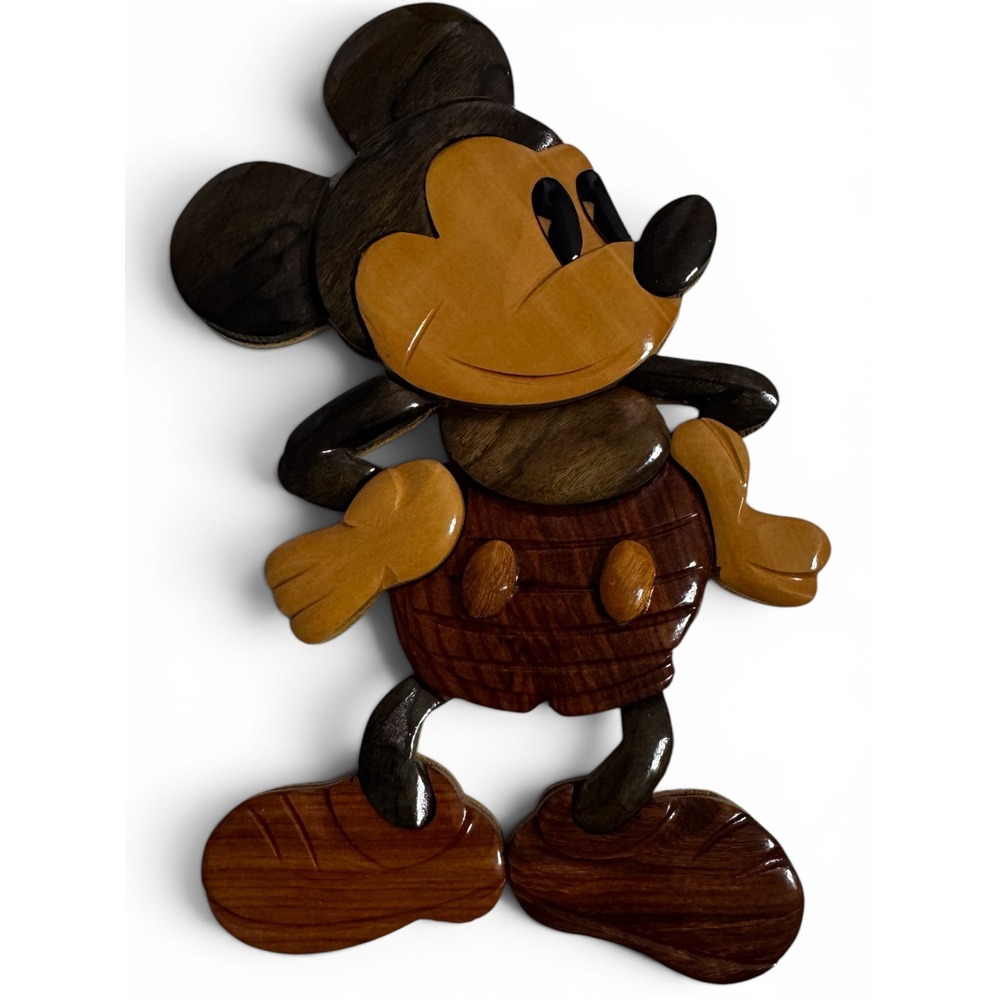 Vintage Mickey Mouse Intarsia Wood Wall Art Disney Handcrafted Decor Brown